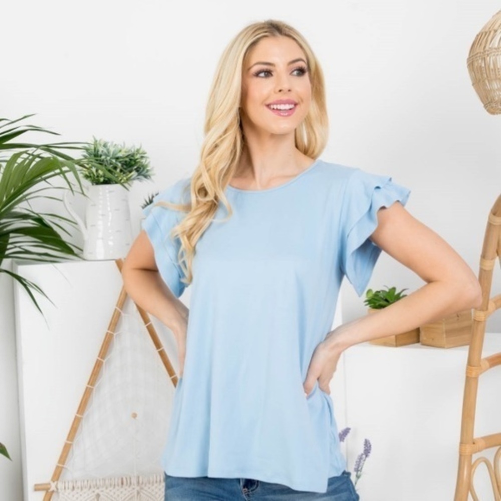 NWT Perfect Peach Blue Short Double Ruffle Sleeve Wide Scoop Neck Tee Size Large